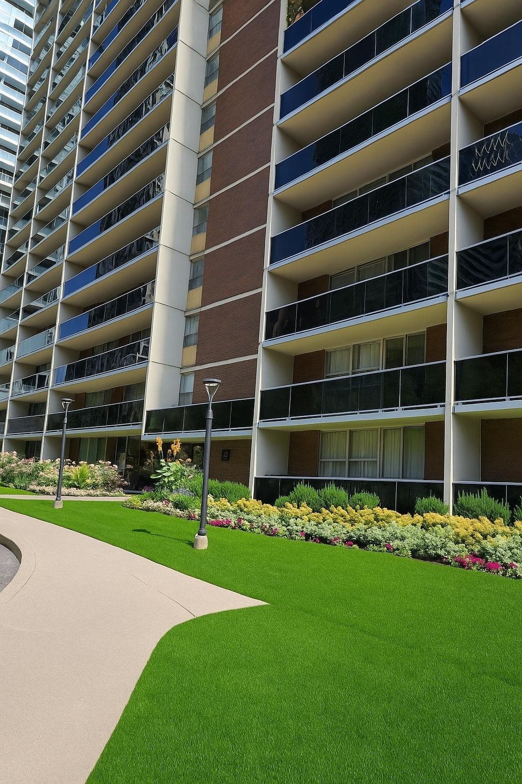 A tall building with balconies and a green lawn in front.